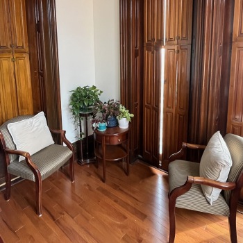 Two chairs in a counseling room with plants.